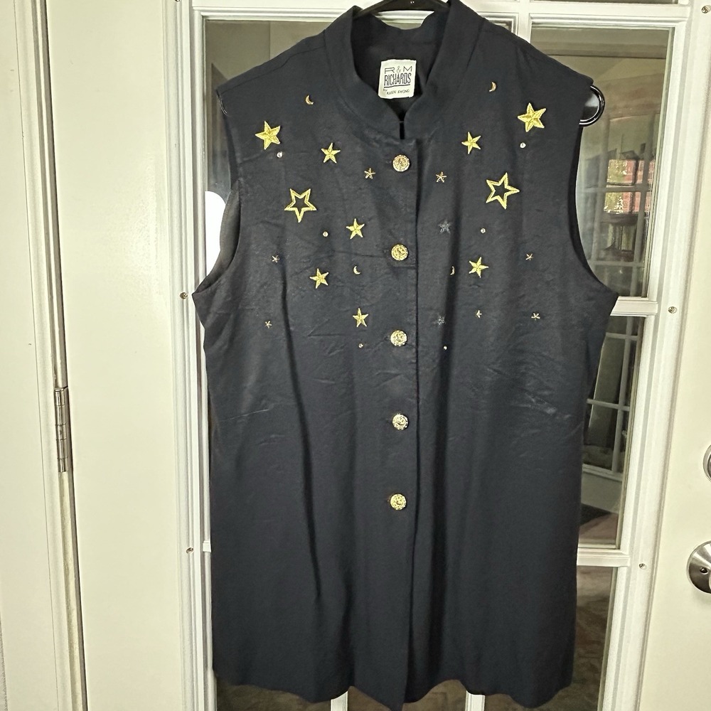 Vintage 90s R&M Richard's Karen Kwong Navy Celestial Embroidered Vest Size 16 - Picture 5 of 16